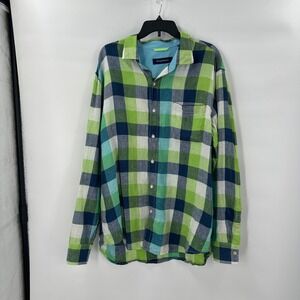 Tommy Bahama Linen Shirt Mens XL Green Blue Plaid Long Sleeve Coastal‎